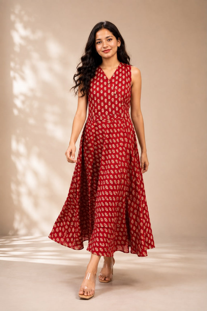 Red Floral Printed Flared Midi Dress