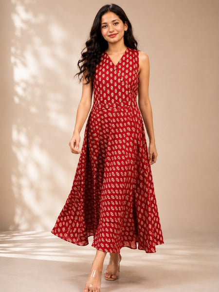 Red Floral Printed Flared Midi Dress
