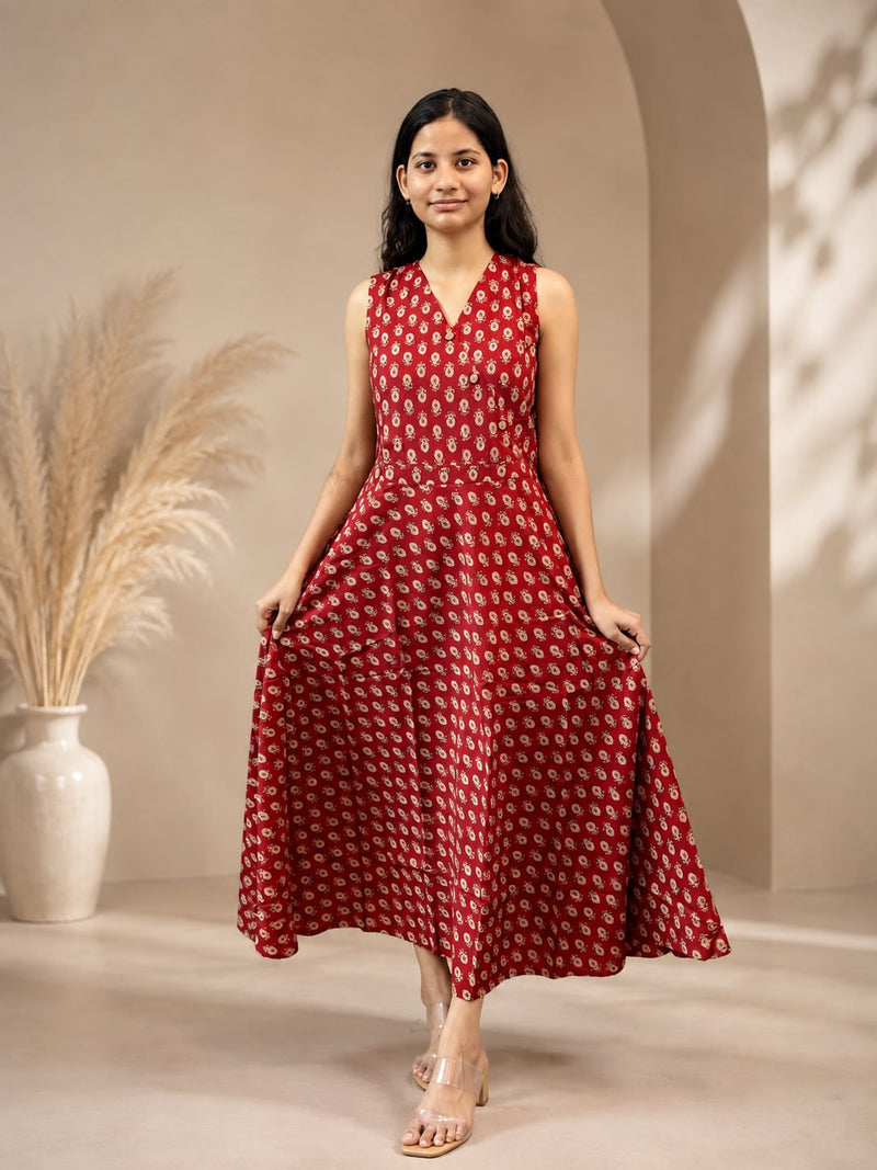 Red Floral Printed Flared Midi Dress