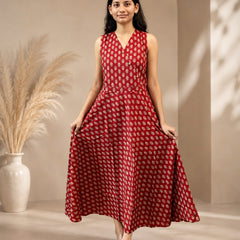 Red Floral Printed Flared Midi Dress