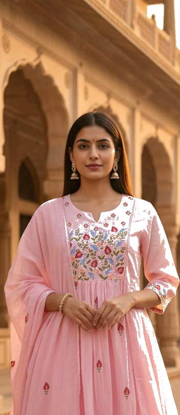 Ruaati Women Cotton Embroidered Pink Kurta Sets with Dupatta Ethnic Wear