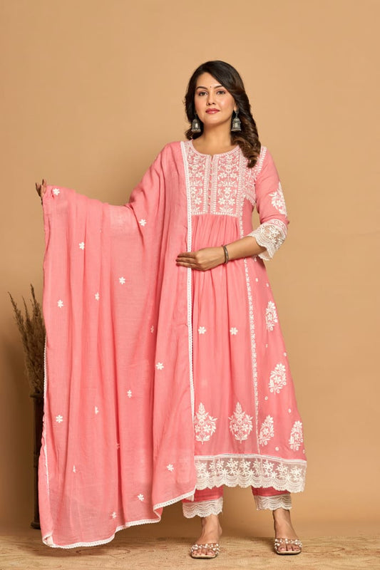 Designer Suit with Full Embroidery work in round Neck, Sleeves (Lace work) and Bottom (Lace work) Pure Cotton Mul Cotton A-Line Set. Kota Doria Dupatta with Beautiful Lace and embroidery, Superior Quality Cotton Fabric. 3 Pc Sets.