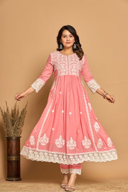 Designer Suit with Full Embroidery work in round Neck, Sleeves (Lace work) and Bottom (Lace work) Pure Cotton Mul Cotton A-Line Set. Kota Doria Dupatta with Beautiful Lace and embroidery, Superior Quality Cotton Fabric. 3 Pc Sets.