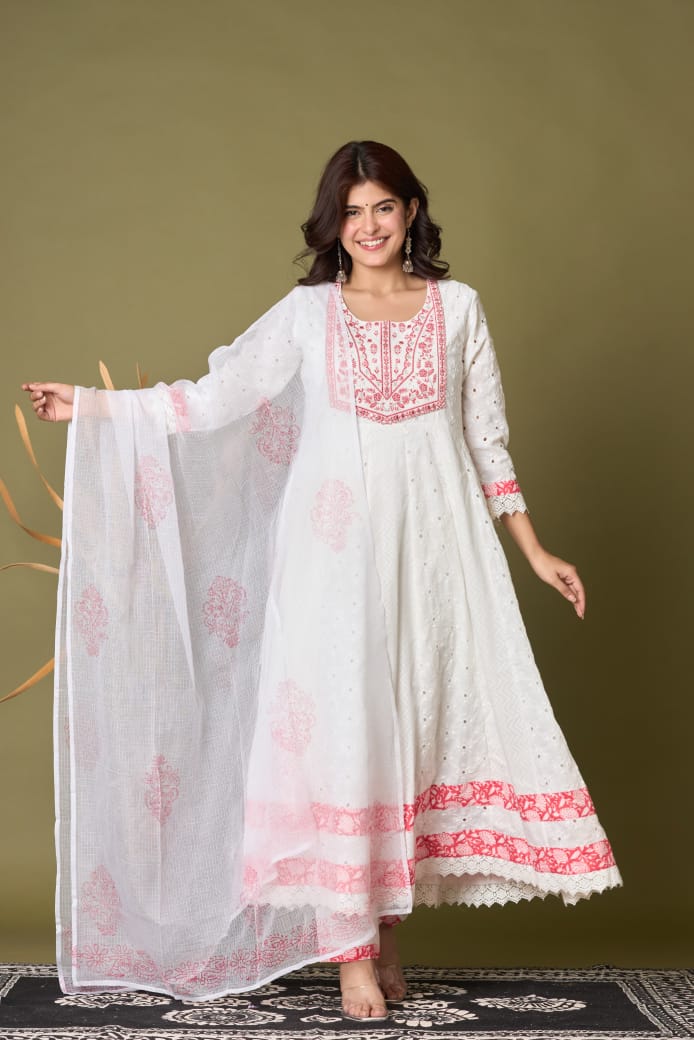 Ruaati Premium White & Pink Embroidered Mul Cotton Anarkali Suit Set with Dupatta
