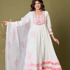 Ruaati Premium White & Pink Embroidered Mul Cotton Anarkali Suit Set with Dupatta