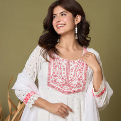 Ruaati Premium White & Pink Embroidered Mul Cotton Anarkali Suit Set with Dupatta