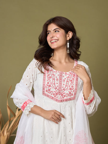 Ruaati Premium White & Pink Embroidered Mul Cotton Anarkali Suit Set with Dupatta
