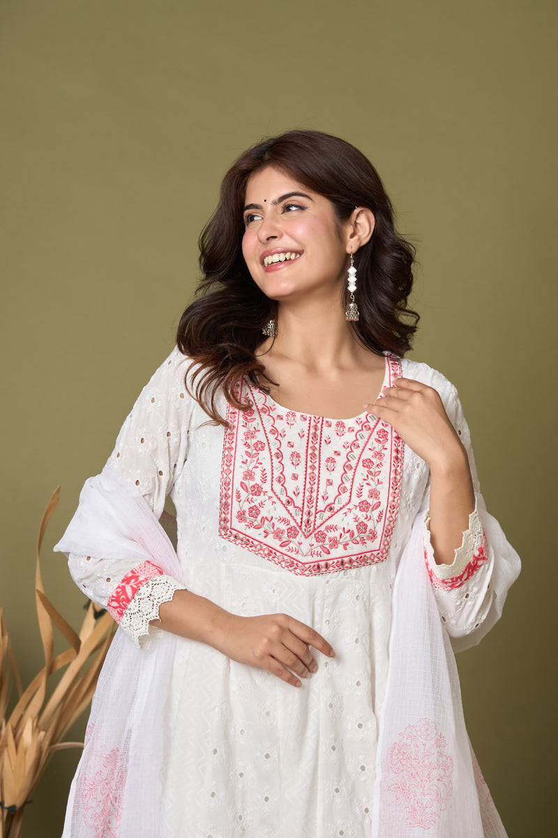 Ruaati Premium White & Pink Embroidered Mul Cotton Anarkali Suit Set with Dupatta