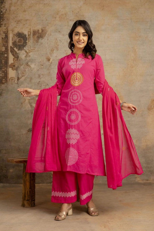 Vibrant Embroidered A-Line Kurta Set in Cotton Silky Fabric with Attached Lining, Superior Fitting & Quality Cotton Fabric. 3 Pc. Set