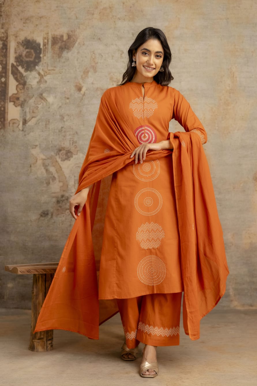 Vibrant Embroidered A-Line Kurta Set in Cotton Silky Fabric with Attached Lining, Superior Fitting & Quality Cotton Fabric. 3 Pc. Set