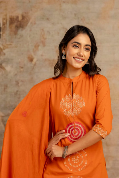 Vibrant Embroidered A-Line Kurta Set in Cotton Silky Fabric with Attached Lining, Superior Fitting & Quality Cotton Fabric. 3 Pc. Set