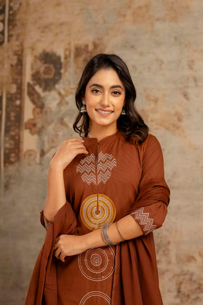 Vibrant Embroidered A-Line Kurta Set in Cotton Silky Fabric with Attached Lining, Superior Fitting & Quality Cotton Fabric. 3 Pc. Set