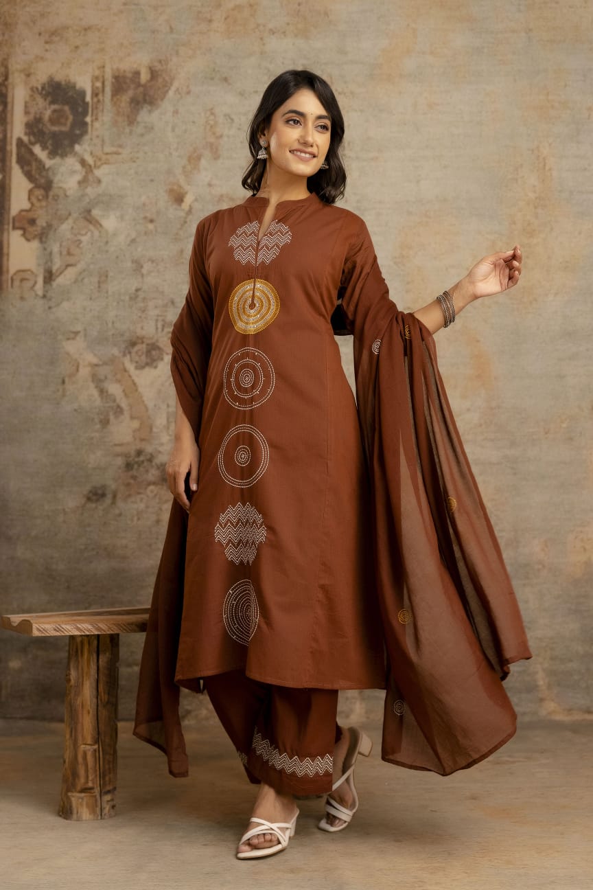 Vibrant Embroidered A-Line Kurta Set in Cotton Silky Fabric with Attached Lining, Superior Fitting & Quality Cotton Fabric. 3 Pc. Set