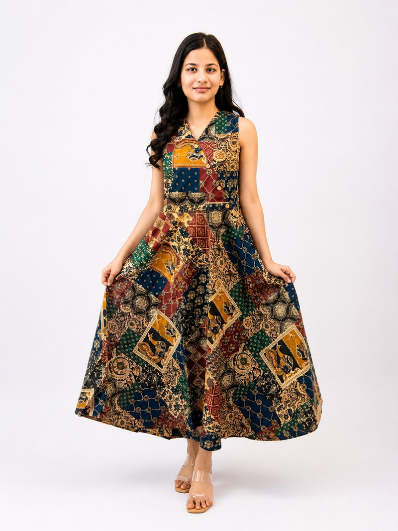 Multicolour Printed Flared Midi Dress