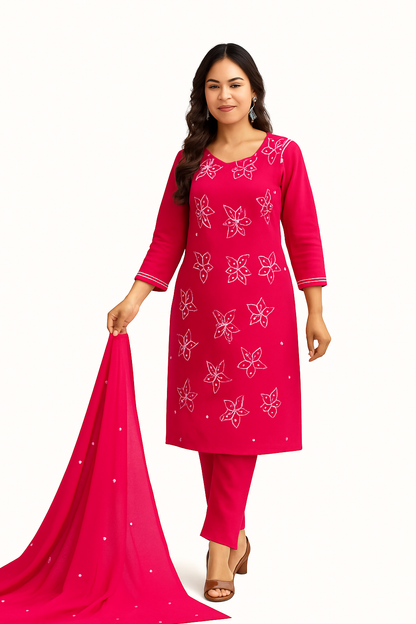 Ruaati Women Cotton Embroidery Kurta Pant Dupatta 3 PC. Suit for Festive Wear
