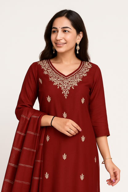 Beautiful Roman modal silk Kurti with Classy Comfort Pant and Chiffon Jacquard Sequence work dupatta, Beautiful Hand Heavy Gota Patti work on Kurti with Moti Work.