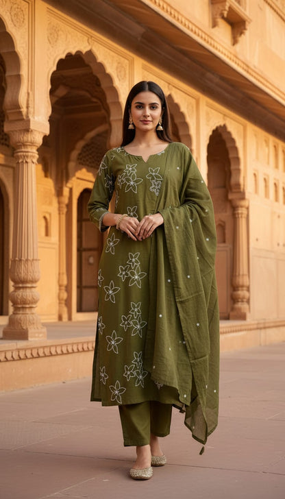 Ruaati Women Cotton Embroidery Kurta Pant Dupatta 3 PC. Suit for Festive Wear.