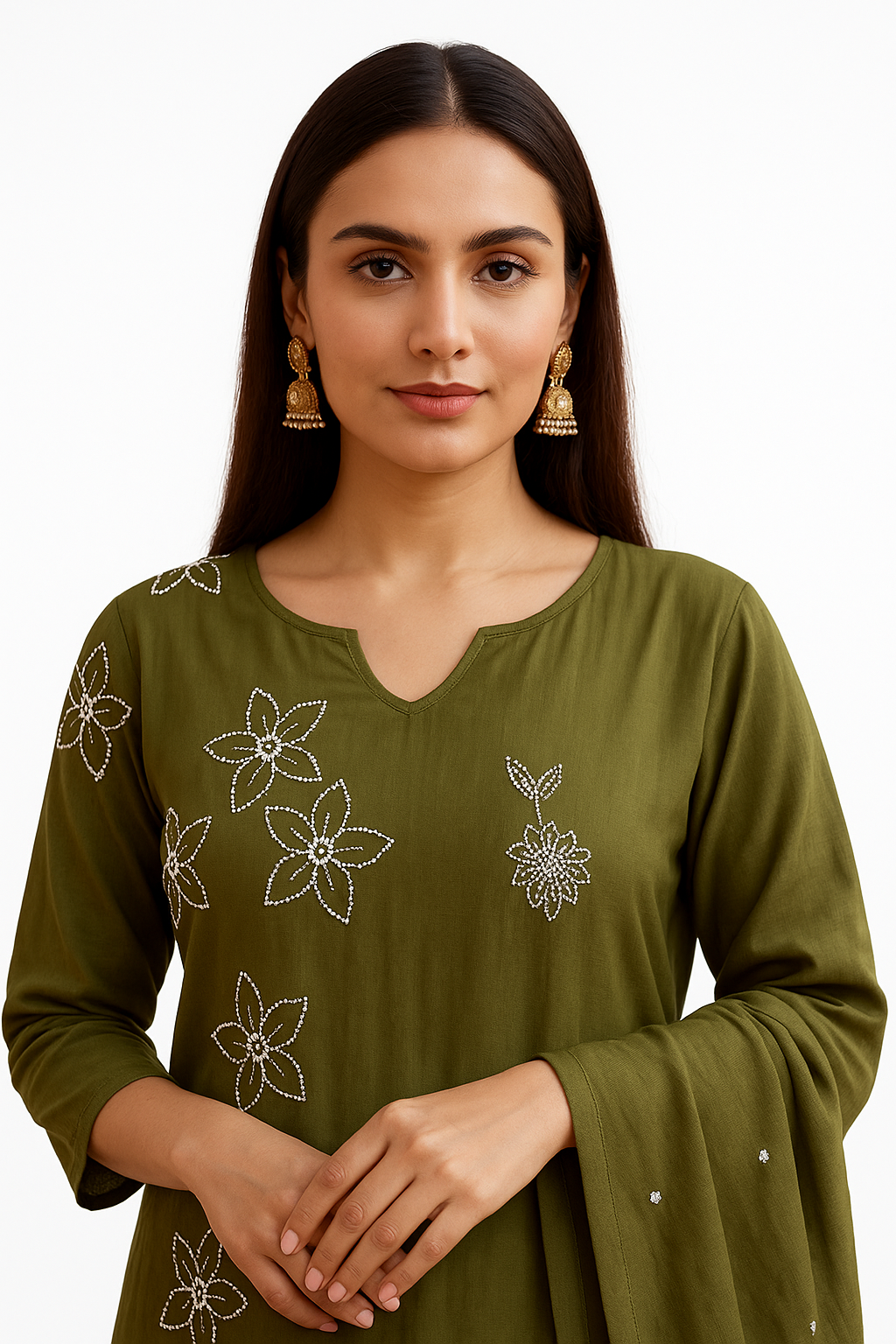 Ruaati Women Cotton Embroidery Kurta Pant Dupatta 3 PC. Suit for Festive Wear.