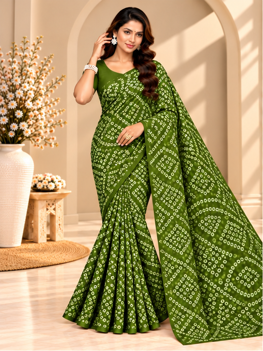 Olive Green Bandhani Printed Georgette Saree