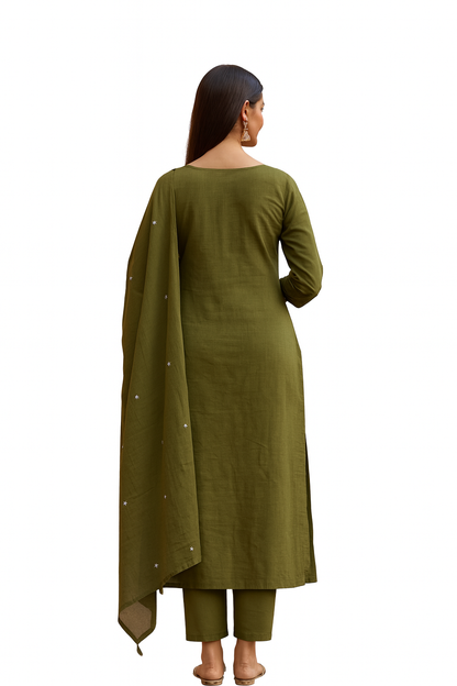 Ruaati Women Cotton Embroidery Kurta Pant Dupatta 3 PC. Suit for Festive Wear.