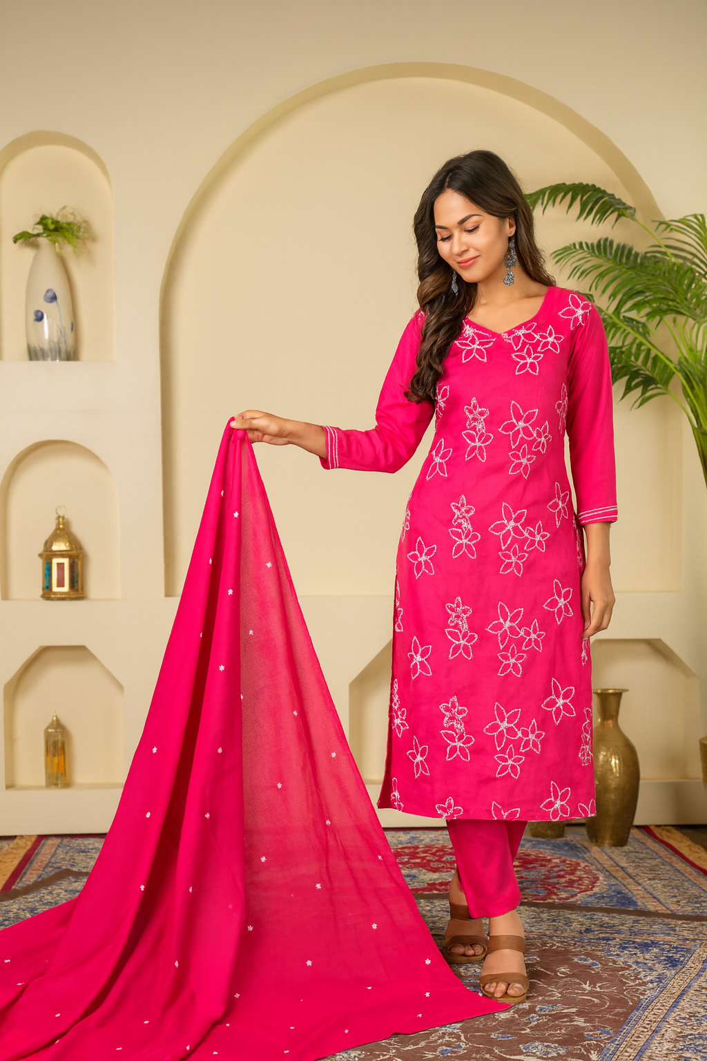 Ruaati Women Cotton Embroidery Kurta Pant Dupatta 3 PC. Suit for Festive Wear