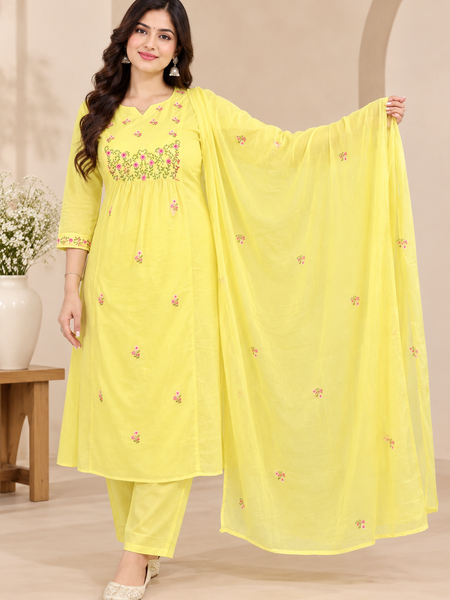 Yellow Mul Cotton Embroidered Suit Set