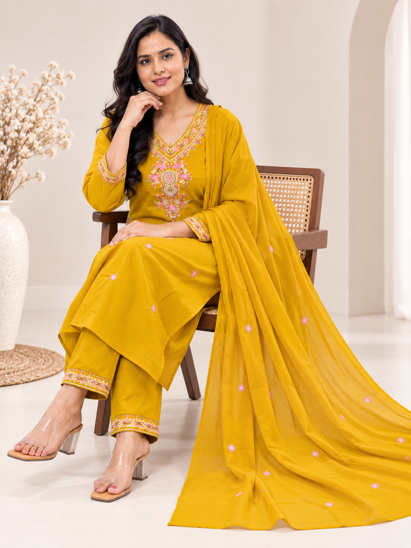 Yellow Floral Embroidered Suit with Dupatta