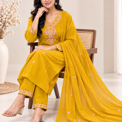 Yellow Floral Embroidered Suit with Dupatta