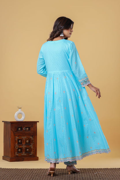 Luxurious & Elegant Mal Mal Cotton Dobi Designer Dress Light Blue with Heavy Manual Embroidery, Superior Quality Fabric, Premium Cotton, Designer 3 Pc. Suits.