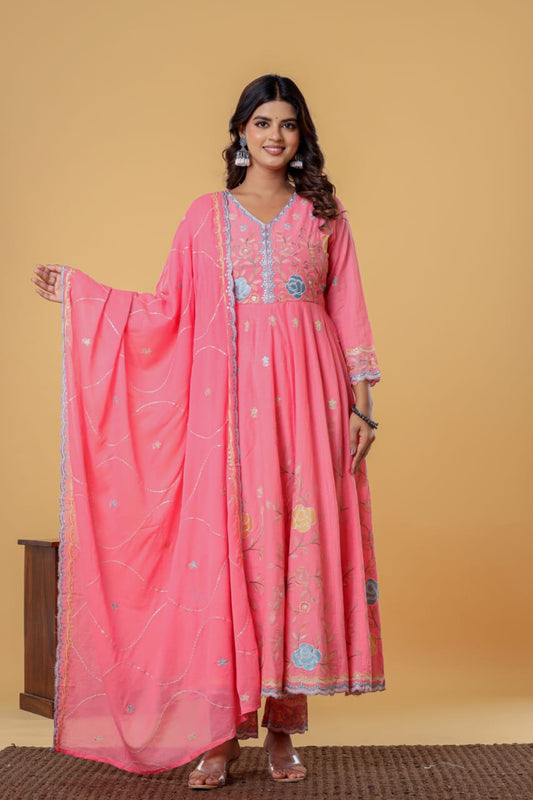 Luxurious & Elegant Mal Mal Cotton Dobi Designer Dress Light Pink with Heavy Manual Embroidery, Superior Quality Fabric, Premium Cotton, Designer 3 Pc. Suits