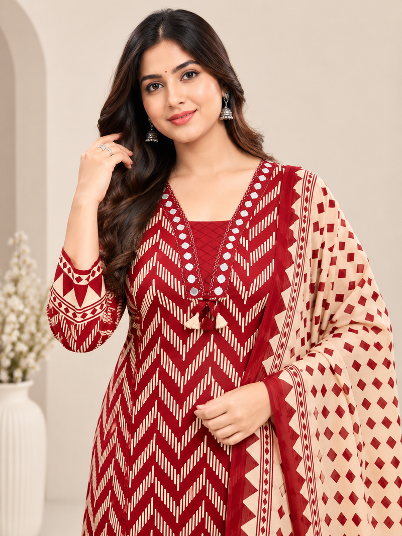 Maroon Printed Cotton Suit Set