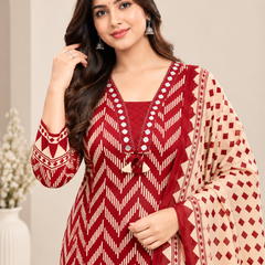 Maroon Printed Cotton Suit Set
