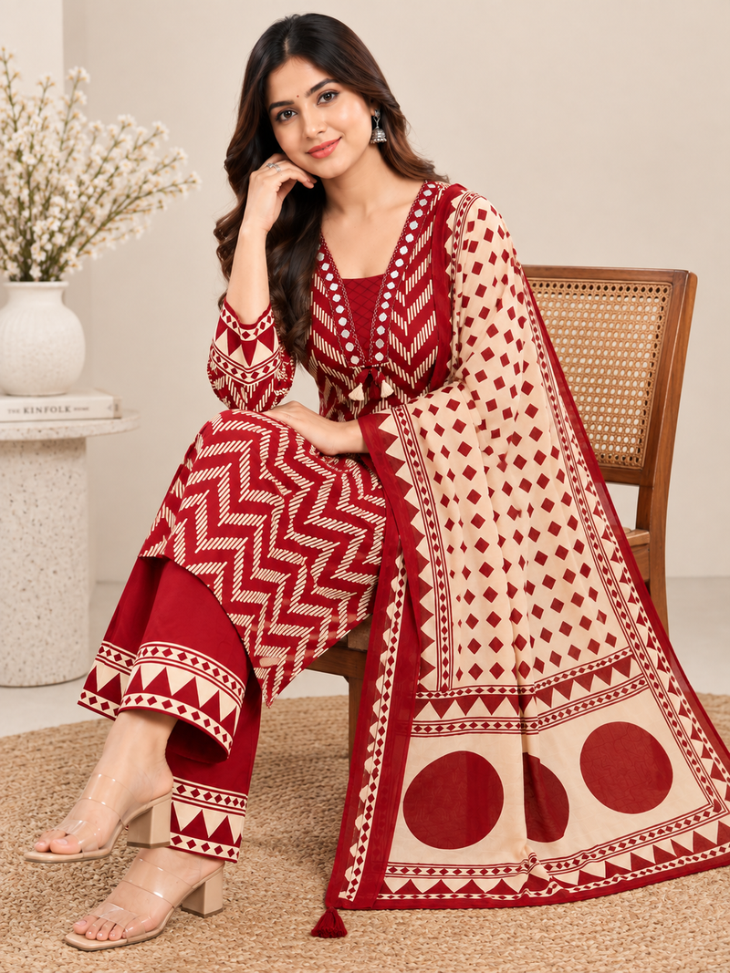 Maroon Printed Cotton Suit Set
