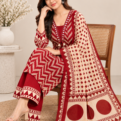 Maroon Printed Cotton Suit Set