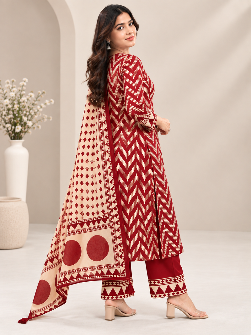 Maroon Printed Cotton Suit Set