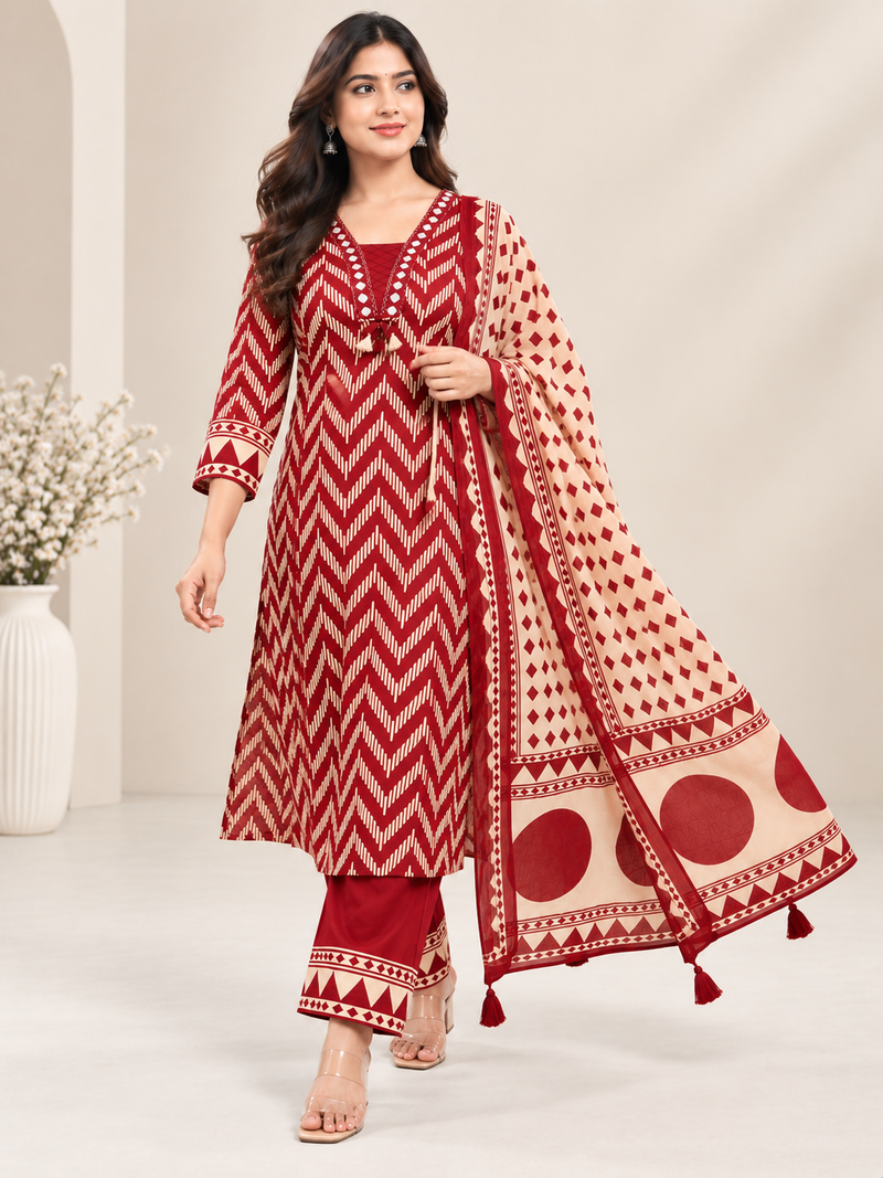 Maroon Printed Cotton Suit Set