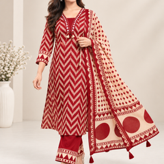 Maroon Printed Cotton Suit Set