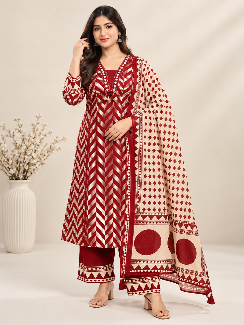 Maroon Printed Cotton Suit Set