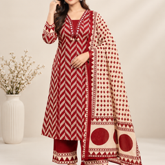 Maroon Printed Cotton Suit Set