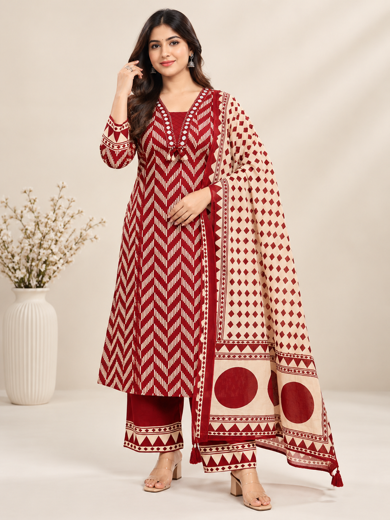 Maroon Printed Cotton Suit Set