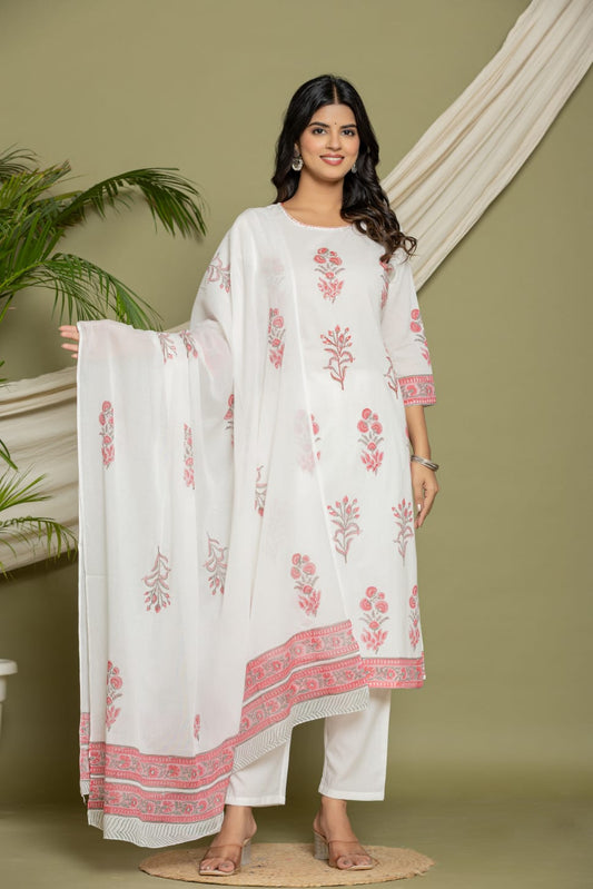 Beautiful & Sober Floral White and Pink Pure Cotton (Mul Cotton Fabric) hand work hand block print. Superior Quality Cotton Fabric. 3 Pc Sets.