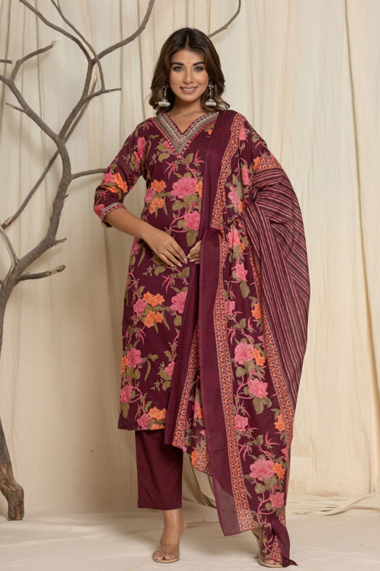 Maroon Floral Pure Cotton Mal Cotton 3-Piece Suit Set with V Neck with Mirror work, Embroidery & Digital Print, Superior Quality Fabric.