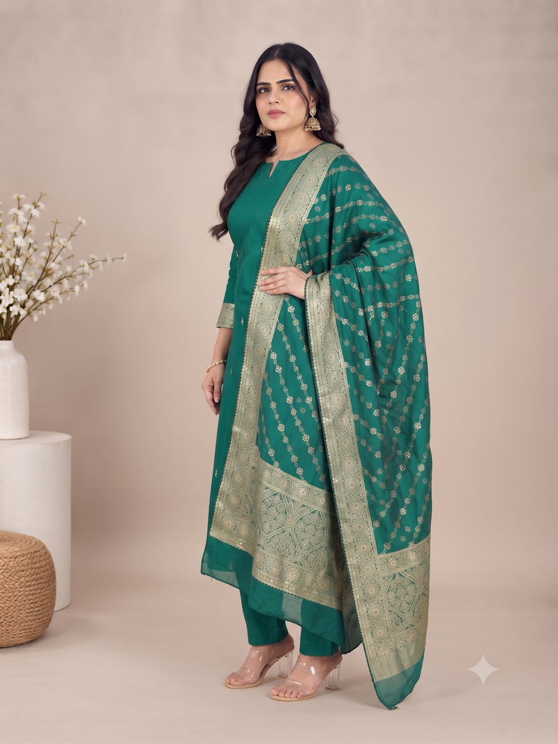 Bottle Green Muslin Silk Suit Set with Banarasi Dupatta