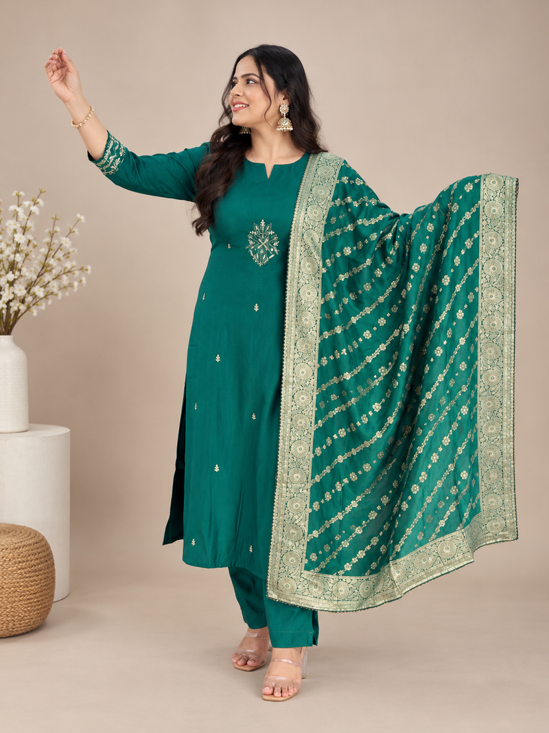 Bottle Green Muslin Silk Suit Set with Banarasi Dupatta