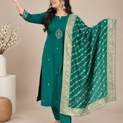 Bottle Green Muslin Silk Suit Set with Banarasi Dupatta