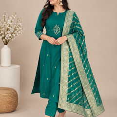 Bottle Green Muslin Silk Suit Set with Banarasi Dupatta
