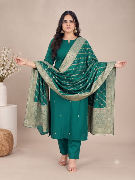 Bottle Green Muslin Silk Suit Set with Banarasi Dupatta