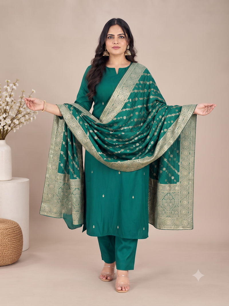 Bottle Green Muslin Silk Suit Set with Banarasi Dupatta