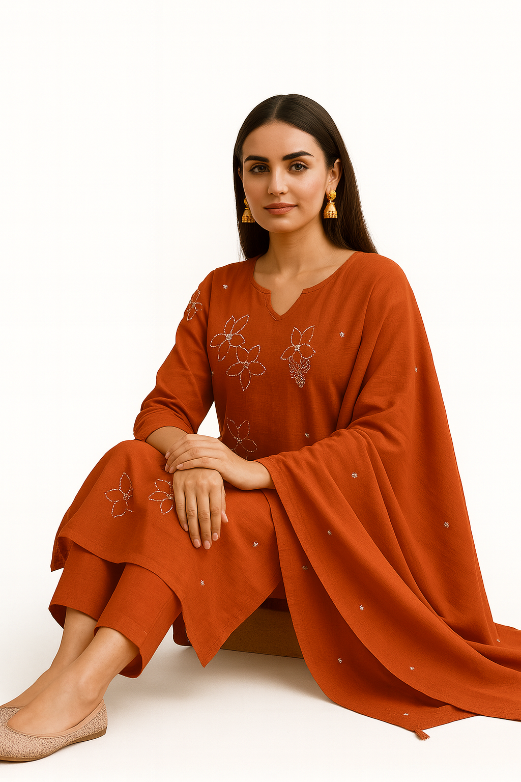 Ruaati Women Cotton Embroidery Kurta Pant Dupatta 3 PC. Suit for Festive Wear