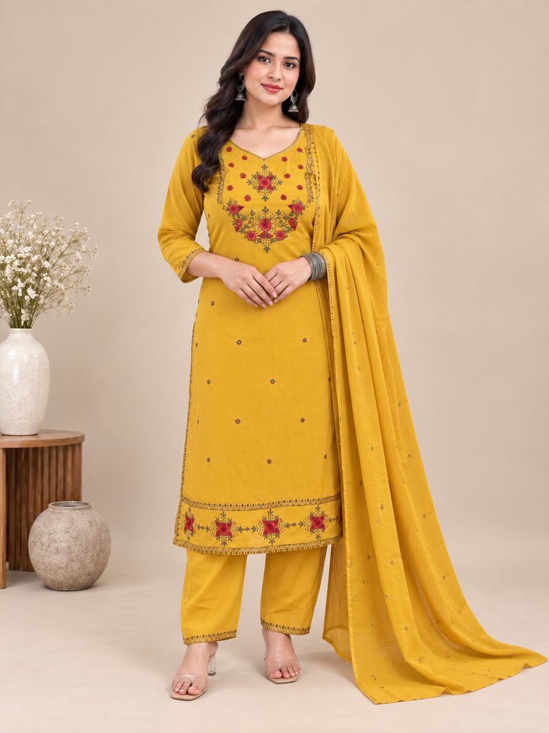 Mustard Yellow Embroidered Cotton Suit Set